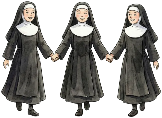 Tre suore camminano sorridenti tenendosi per mano.