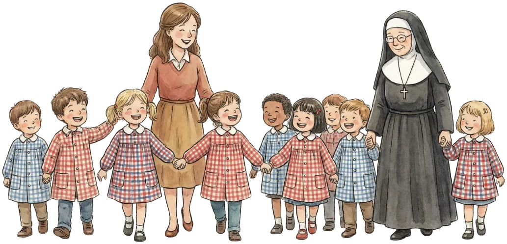 Una maestra e una suora in girotondo con i bambini nei grembiulini a quadretti.